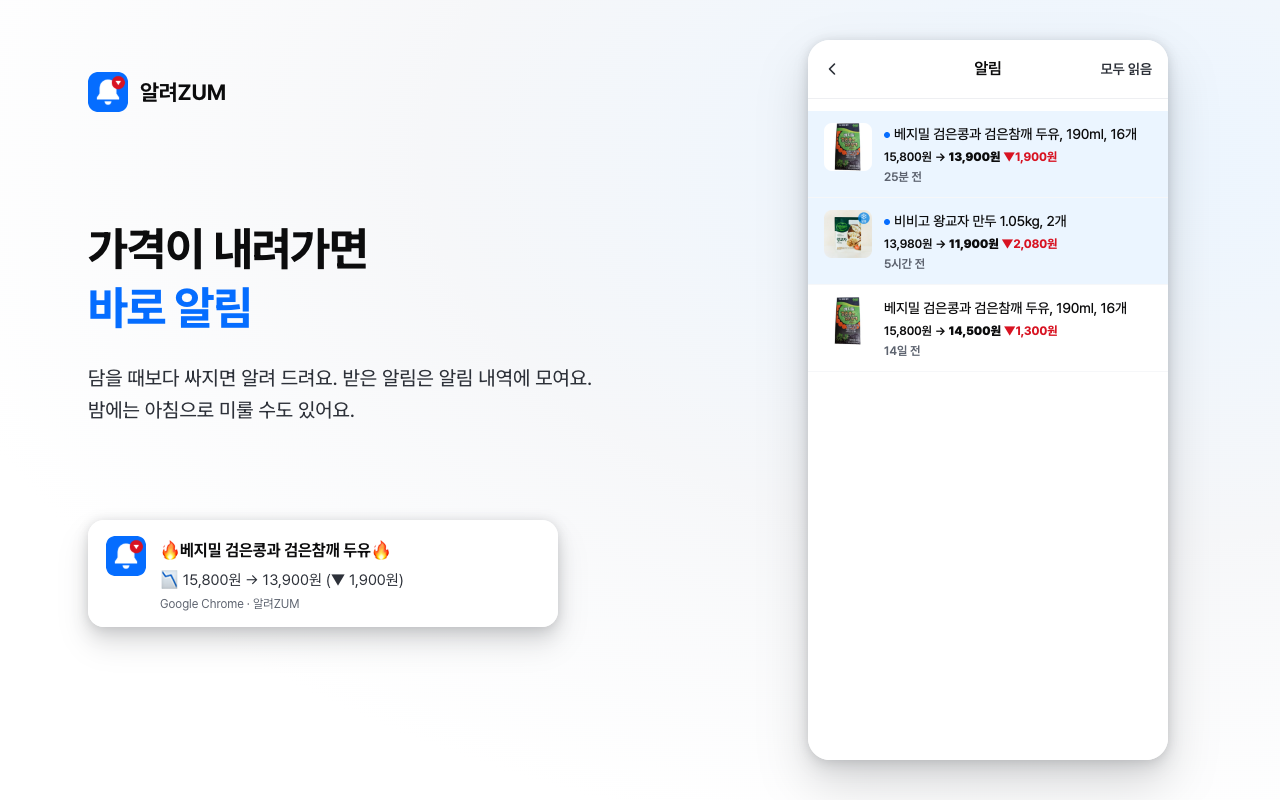 가격이 내려가면 크롬으로 받는 알림과 알림 내역 화면